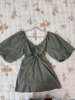 Olive Green linen Puff-Sleeve Mini Dress